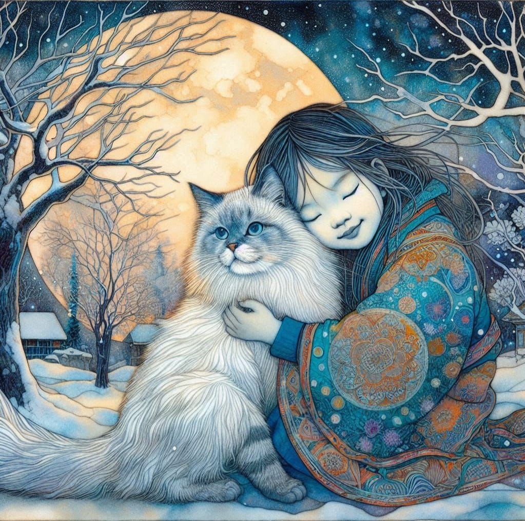 Little siberian girl with her cat