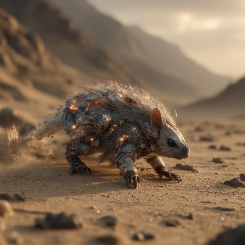 <lora:Animal Mutants:1.3> HD photography of a sci-fi alien mutant mole with sapphire drill claws and sonar-charged fur, tunneling just below...