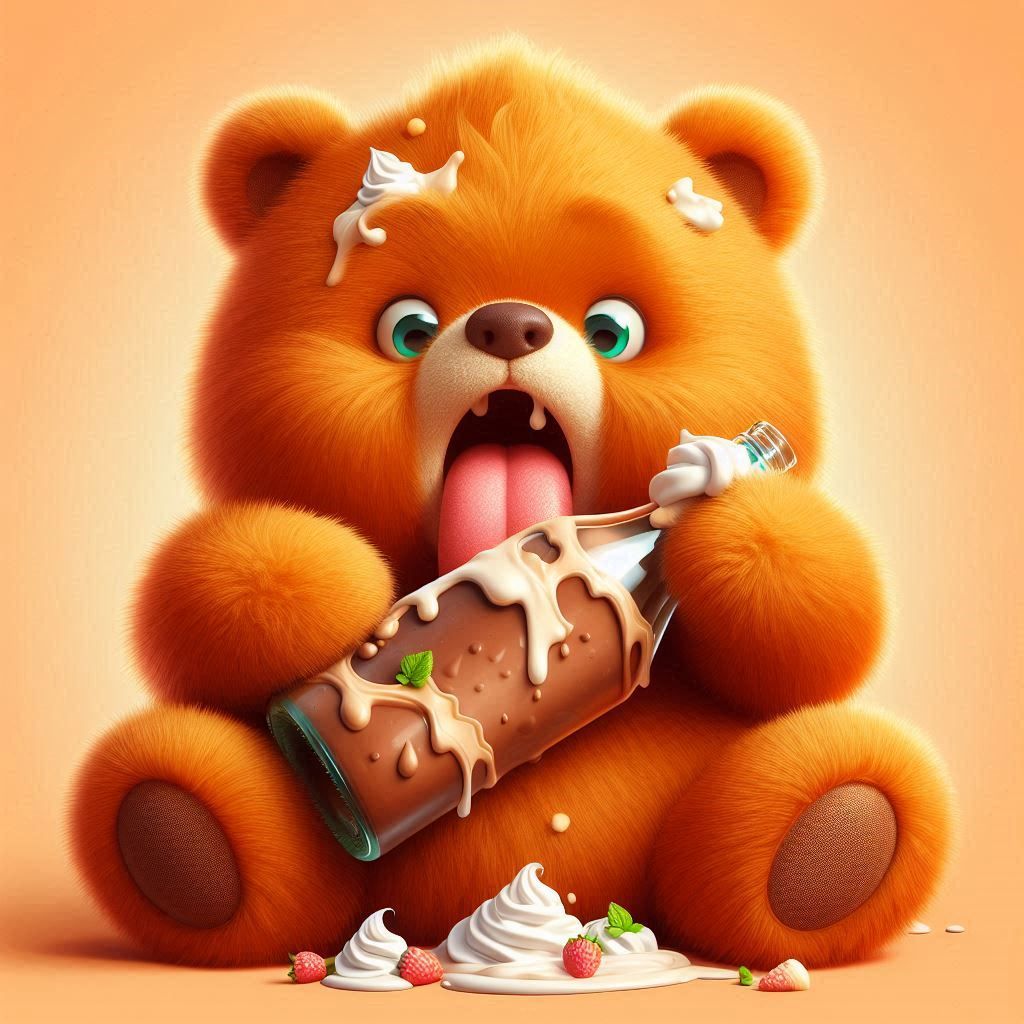 an adorable fluffy golden bear eating a big bottle of icecre...