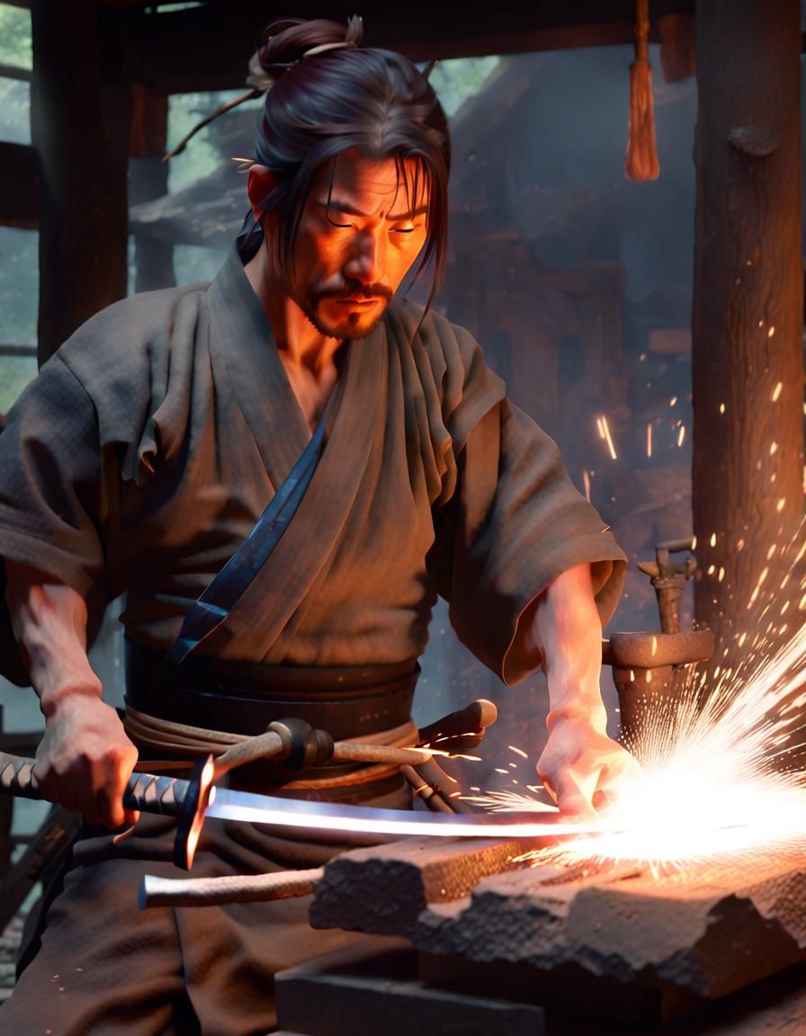 Ancient Japanese blacksmith produces sparks by sharpening a ...