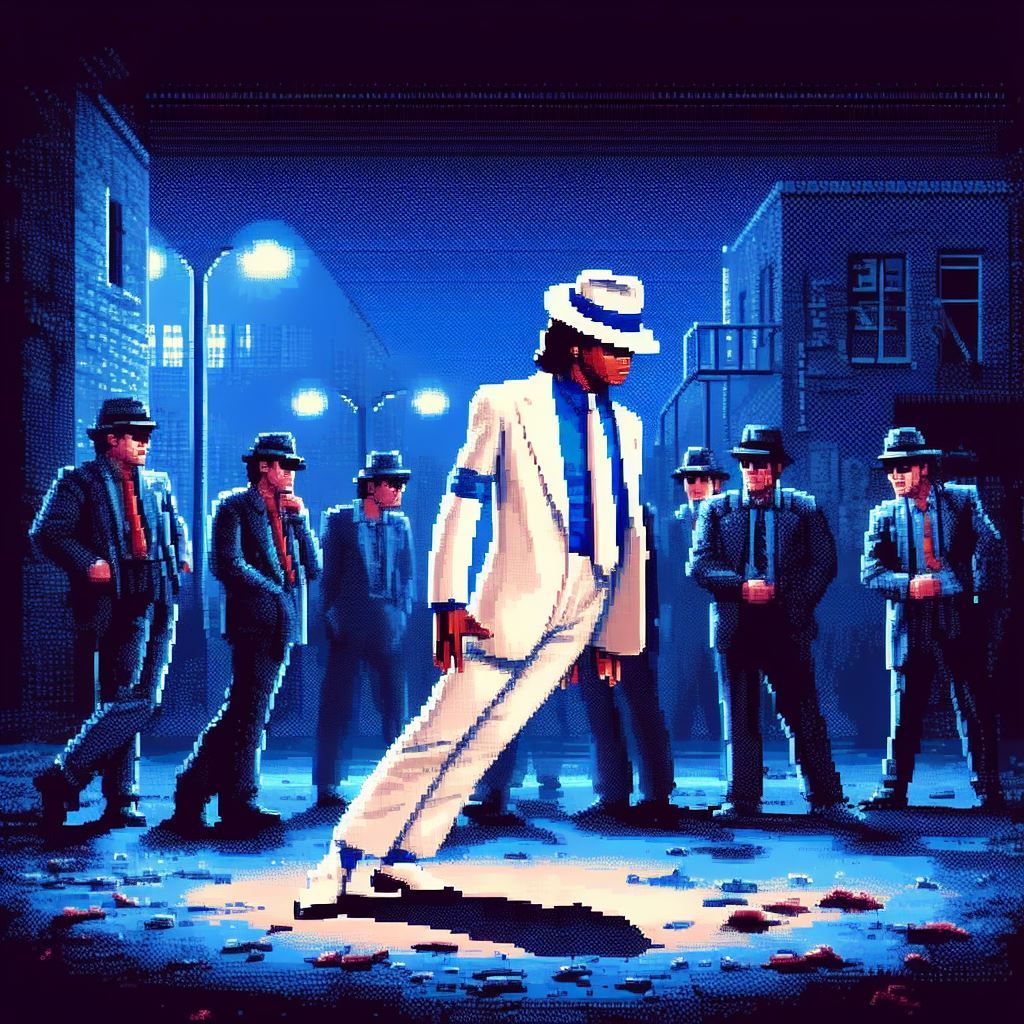 an 8 bit pixel art style image of MJ moonwalker leaning pose...