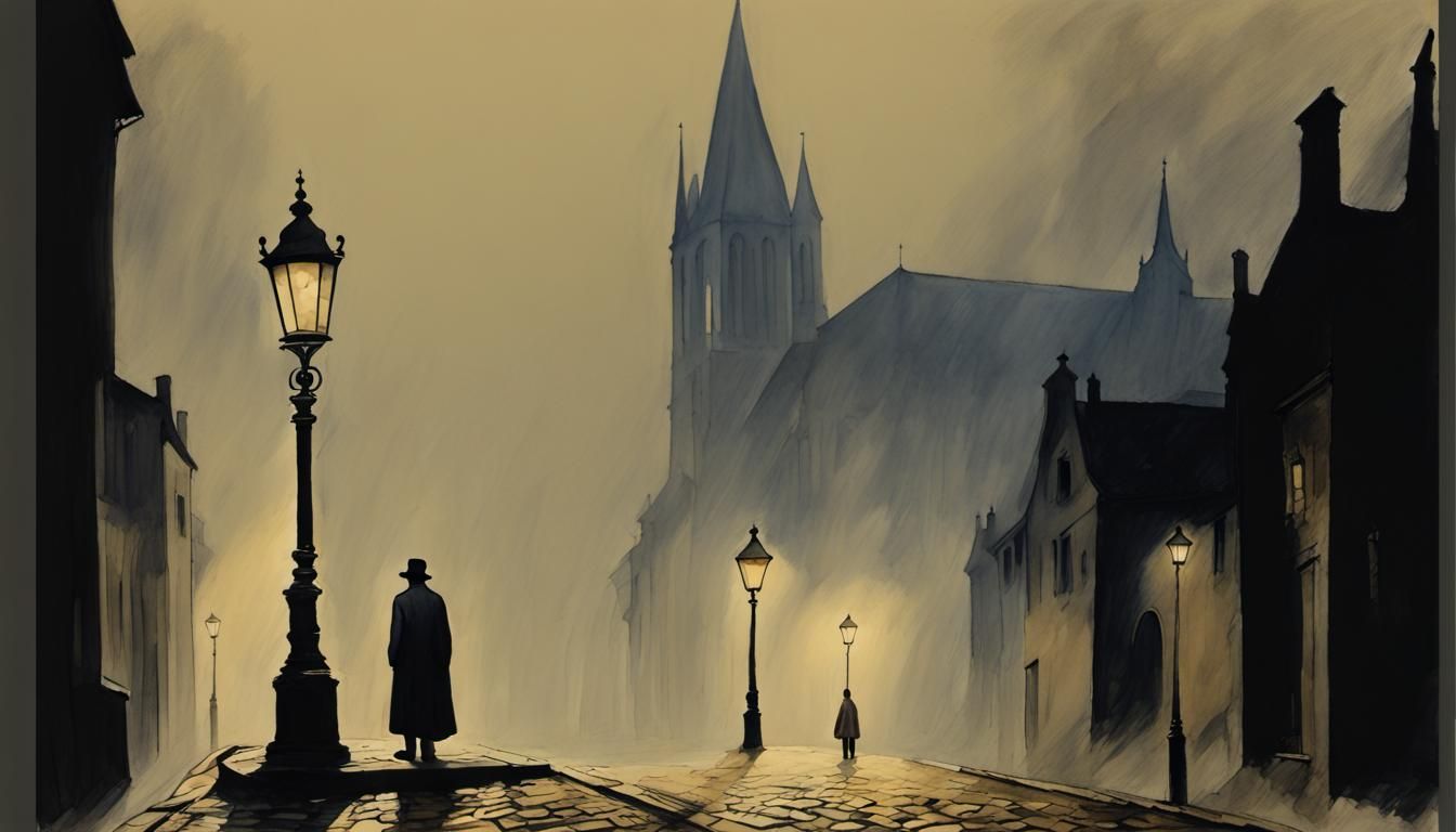 A gloomy Cathedral on a foggy evening, a cobblestone street ...