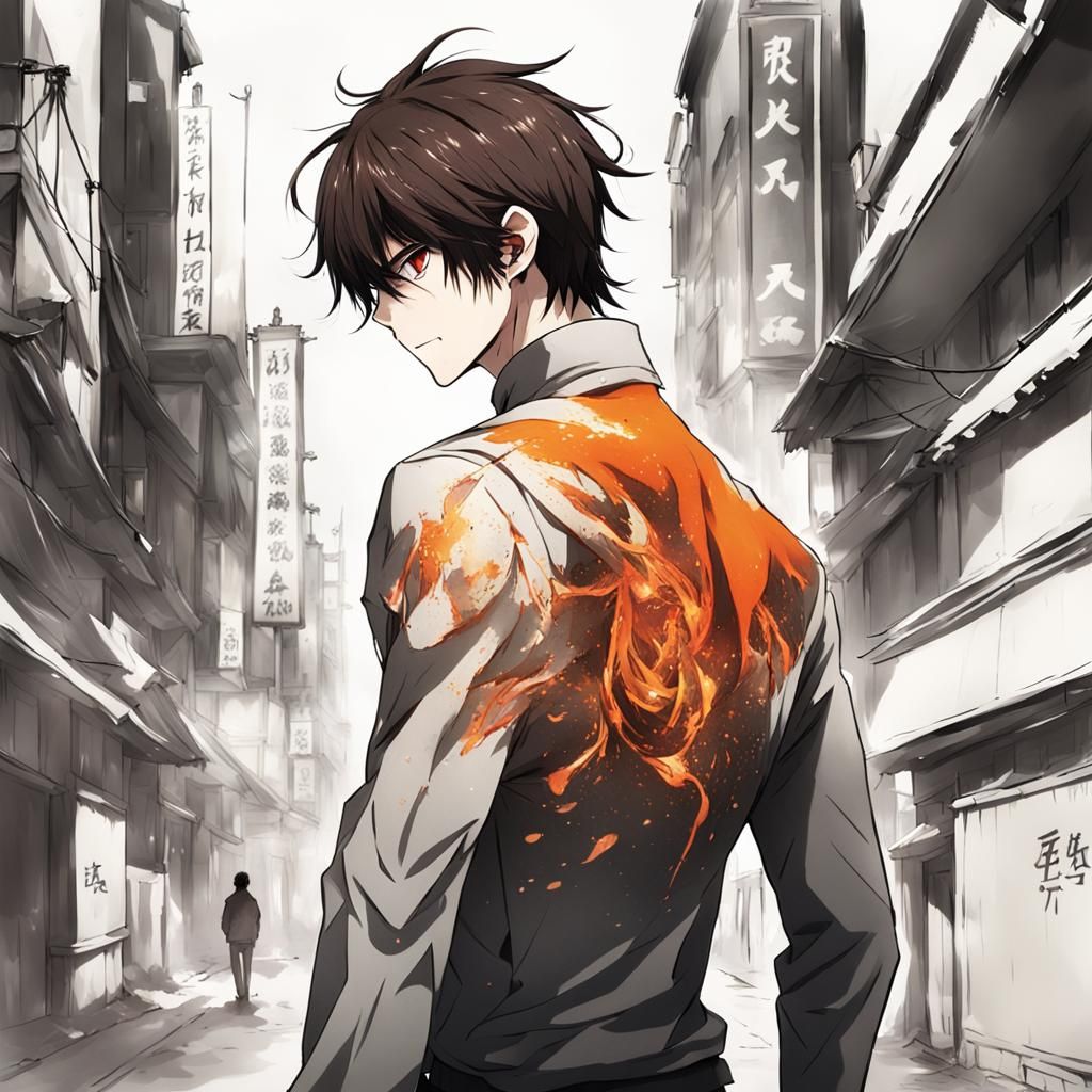 anime style: A man with dark brown hair (the tip of his hair are degraded to orange) bare torso and seen from behind whose back is covered w...