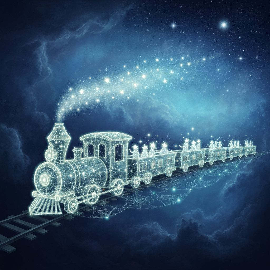 A child's dreamscape visualized as a magical train, its engine and carriages spun from shimmering spider ...  by @Artimagine