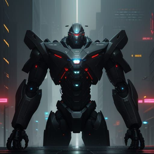 Cyberpunk Mech Warrior in Neon-Drenched Cityscape