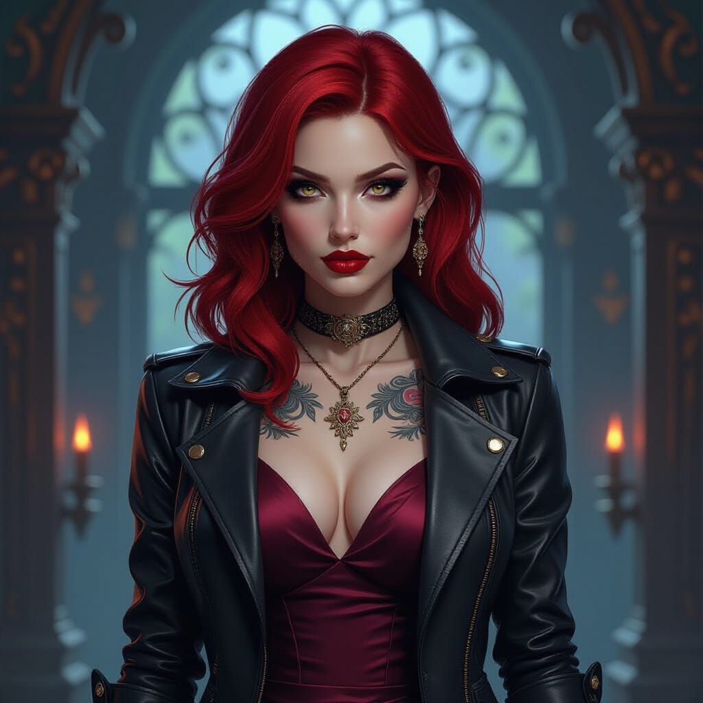artsy edgy modern vampire leather jacket red hair female, cocktail dresses, tattoos, southern gothic
