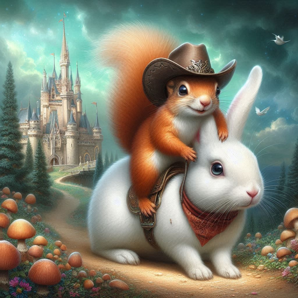 Mischievous squirrel with a cowboy hat on riding the back of...