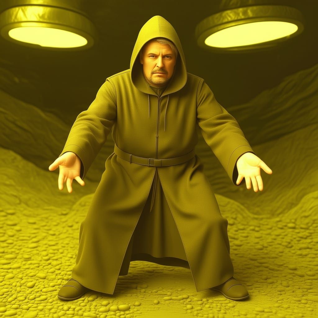 The style is cinematic. A parody image of Emperor Palpatine with the head of  Donald Trump.  His hands are facing palms down at the floor.  ...