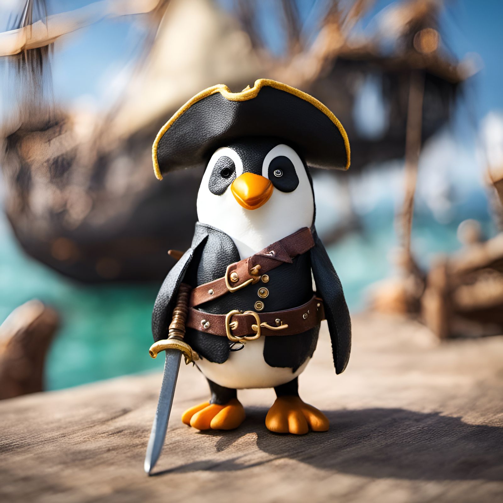 Penguin in a pirates of the carribbean costume with sword. P...