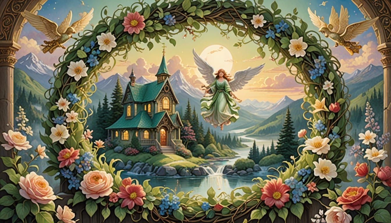 a beautiful green wreath with various flowers angel ornaments with ribbon that reads "Welcome Home!" ...  by @Ed Evans