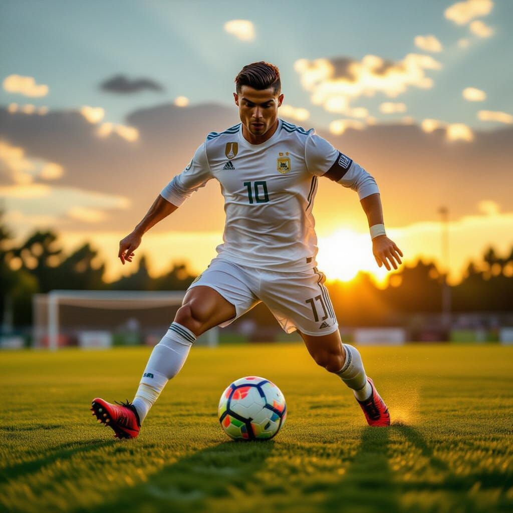 Cristiano Ronaldo Dribbles Ball at Golden Hour Sunset