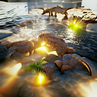 Prehistoric Jurassic lagoon Unreal Engine sunshine rays