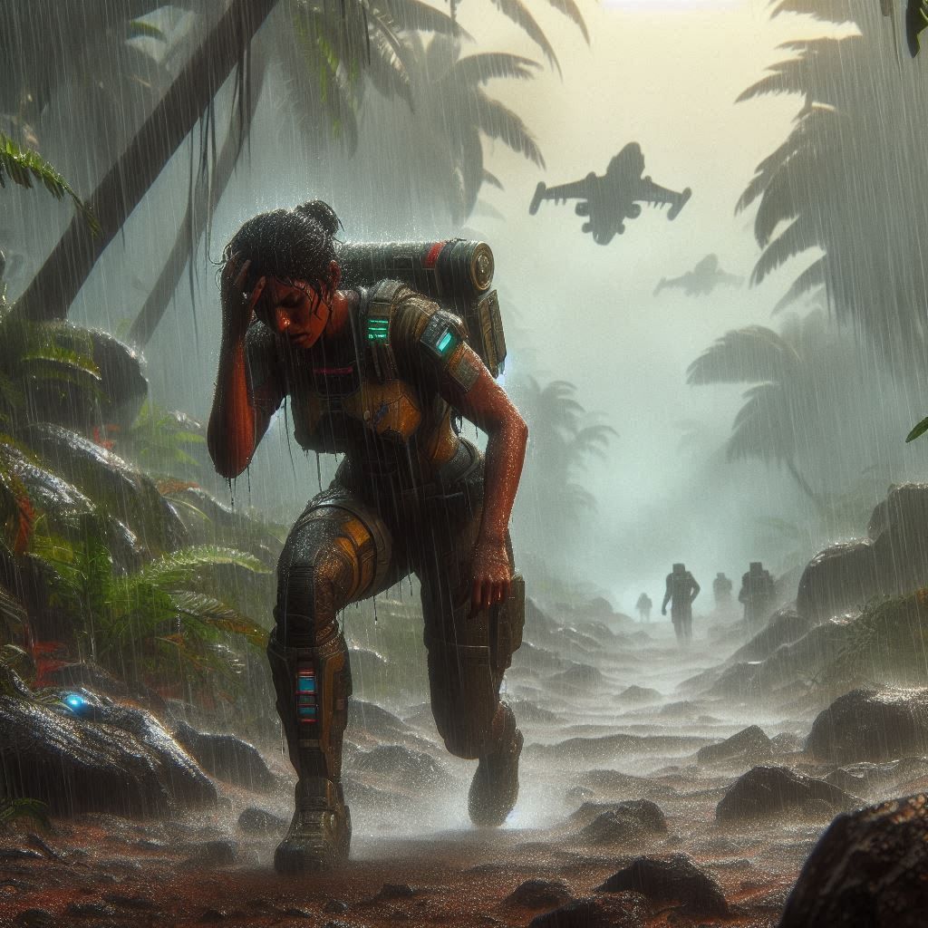 A female Space Marine of Indian origin on an endurance march on a jungle planet (1)