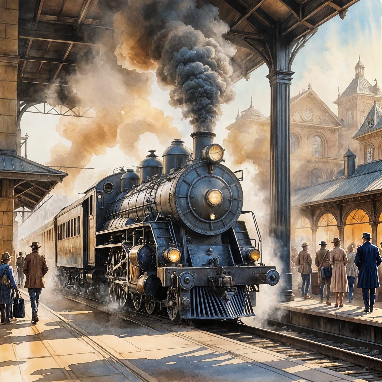 1920s train station in urban watercolor sketch style  by @rezz