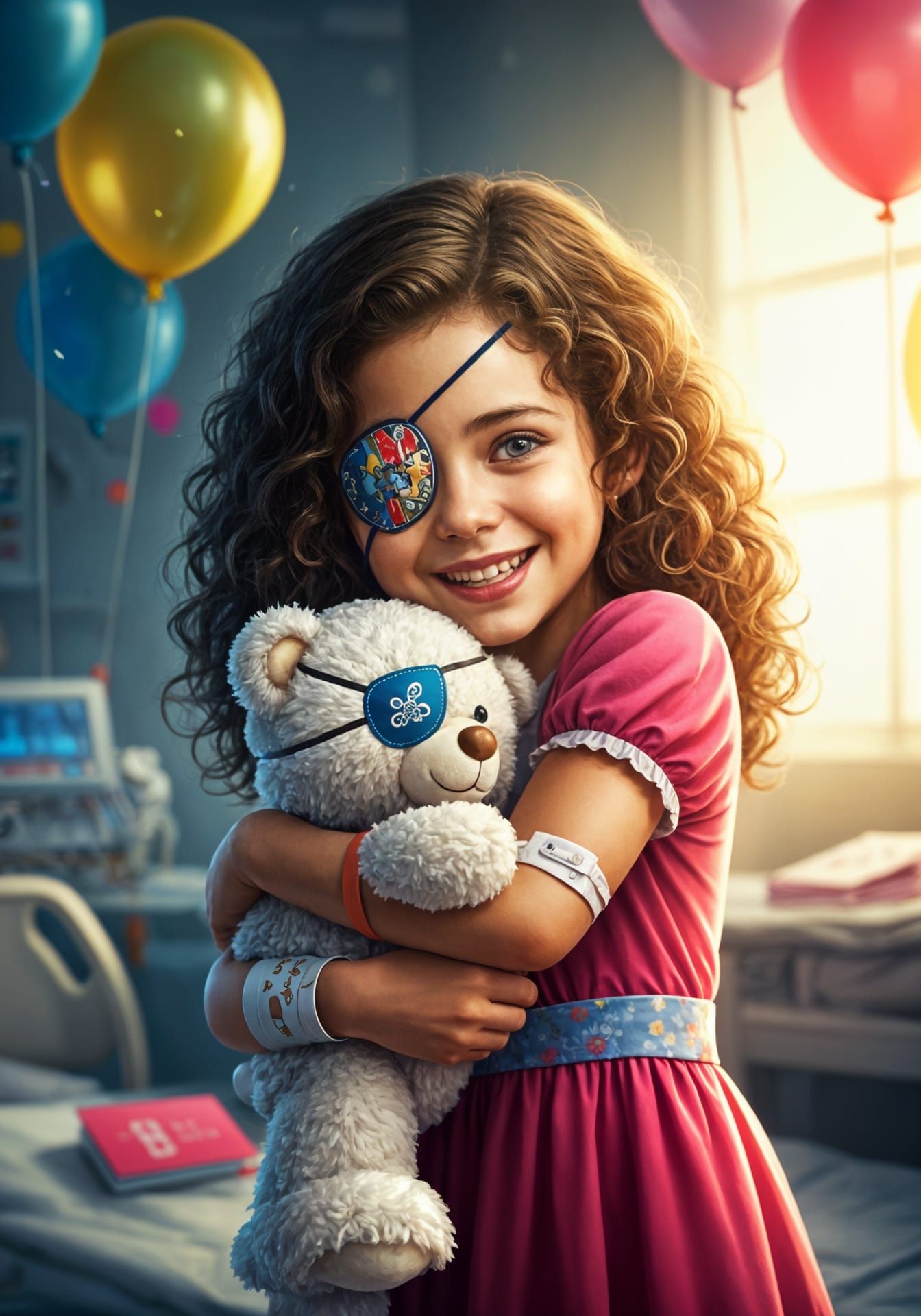 Smiling girl wearing an eyepatch after surgery hugging a white teddy bear who also wears eyepatch  by @Fokje