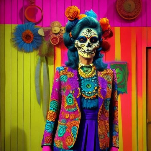<lora:Pink Room SD15:1.0>
Medium shot of a beautiful woman in vintage clothes wearing colorful Día de los Muertos face paint. Surreal 70s si...