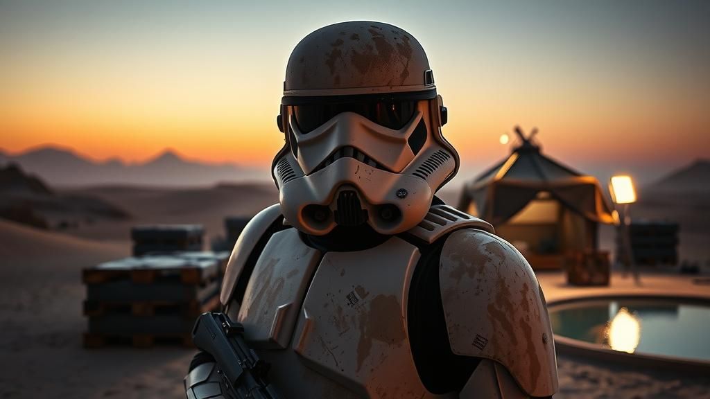 close-up of A stormtrooper on a desert planet guarding a pond at an oasis, cinematic, nighttime lit with flood lights and lights from electr...