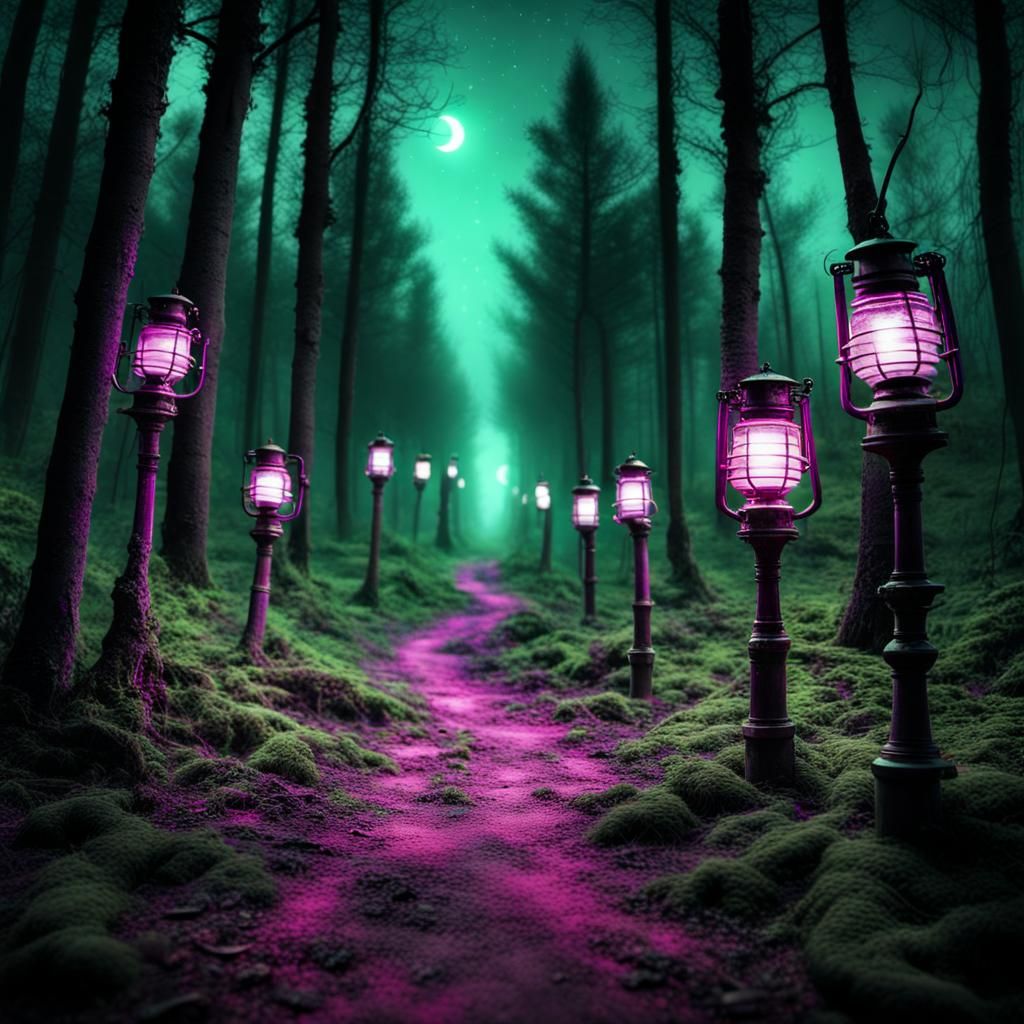 “A moonlit forest path illuminated by Coleman lanterns

lant...