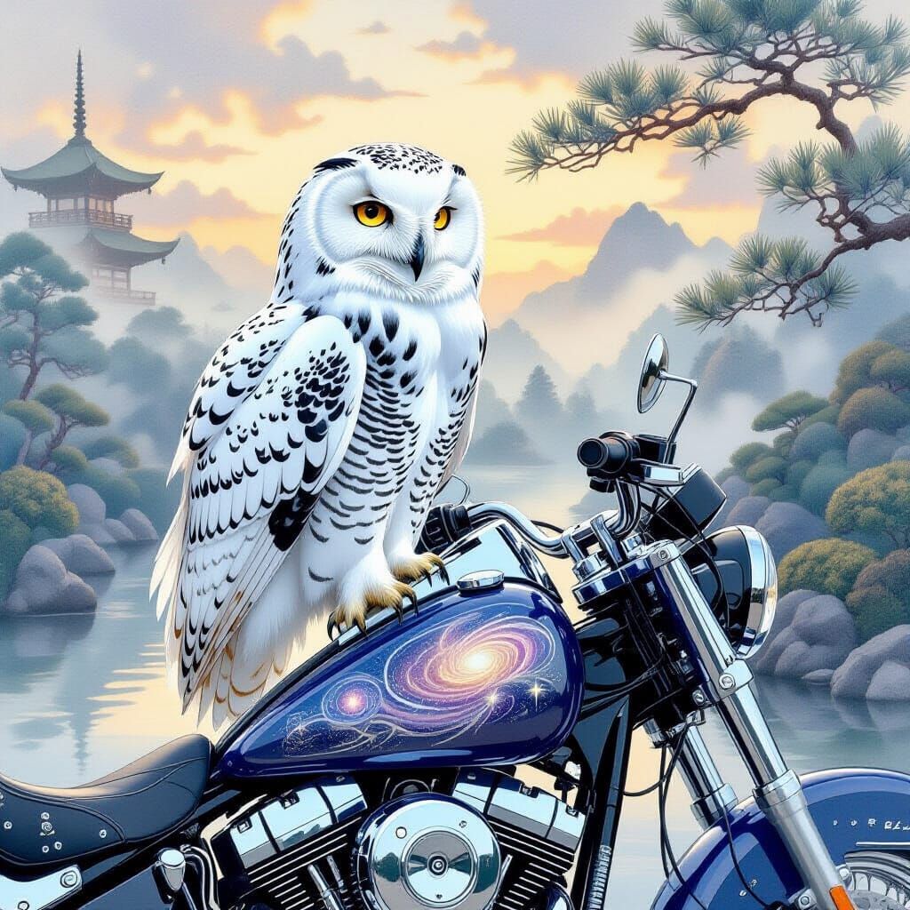 Snowy Owl Guardian in Japanese Watercolor Style