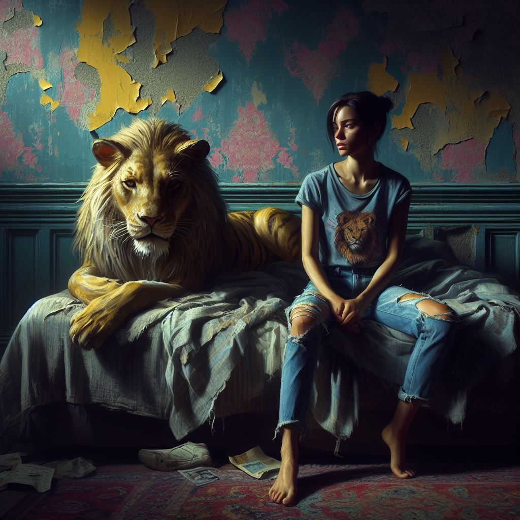 in a room with a lion
