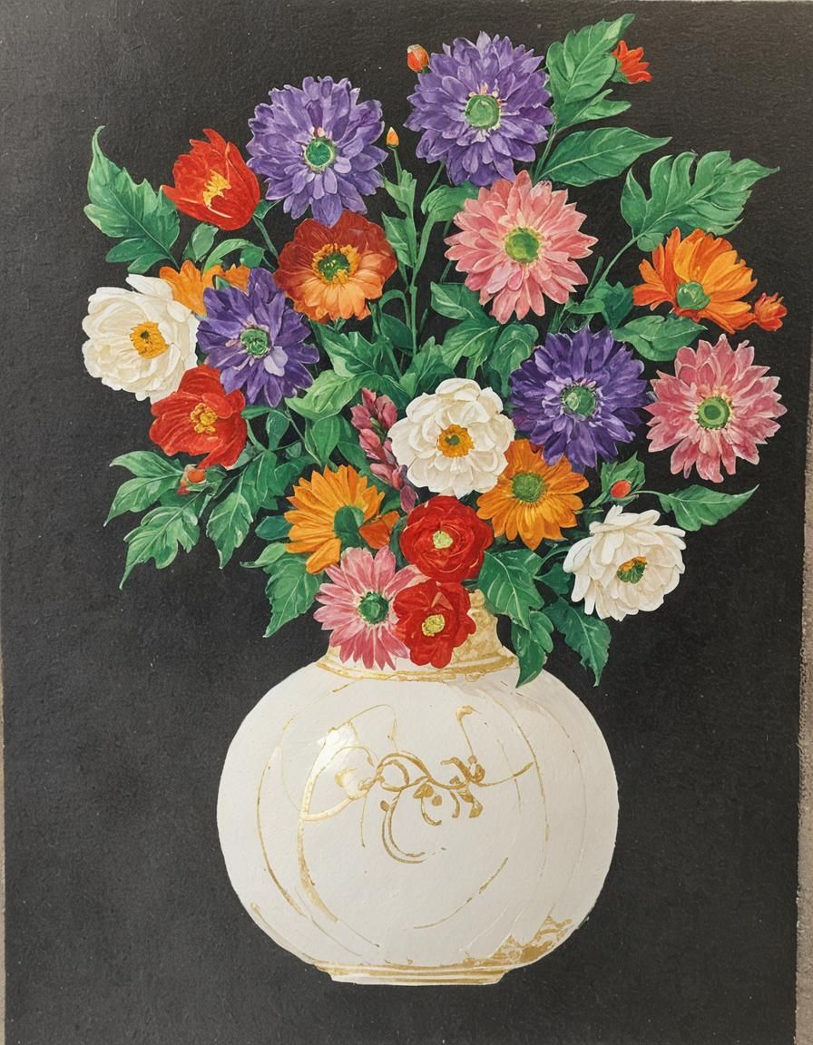 A gold patterned vase of colourful flowers gouache detailed ...