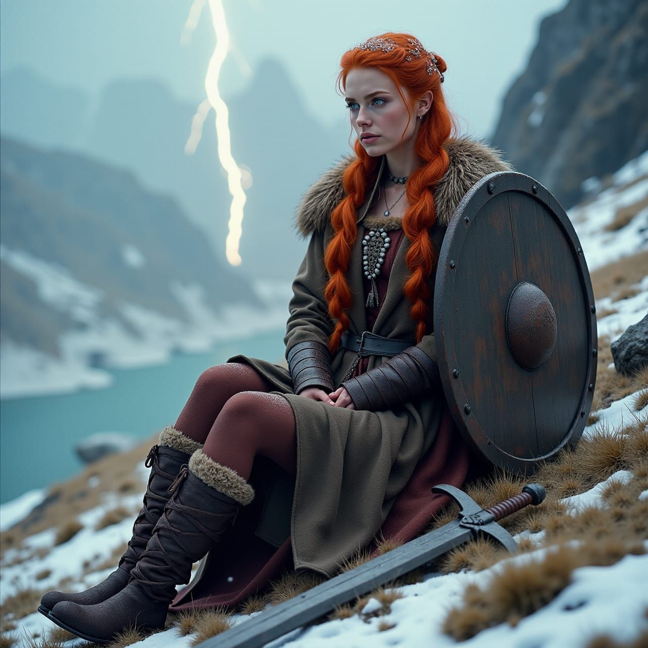 A Viking shield-maiden in the snowy mountains