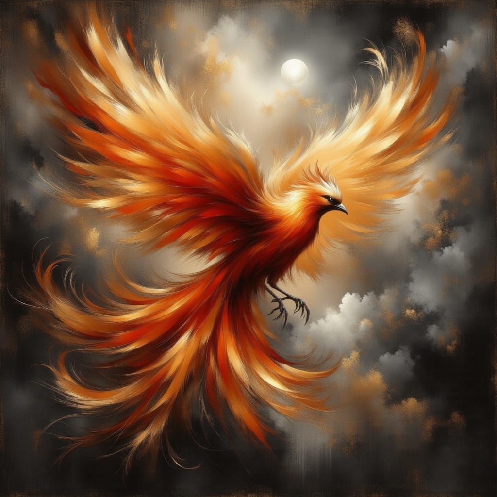 <lora:Abstract Romanticism:1.0> burnt sienna, gold, grey black, abstract romanticism phoenix under the moon