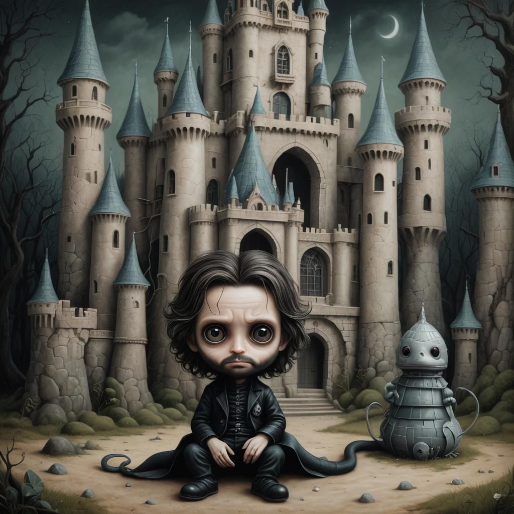 Painting of Snake Plissken sitting in front of a castle, ins...