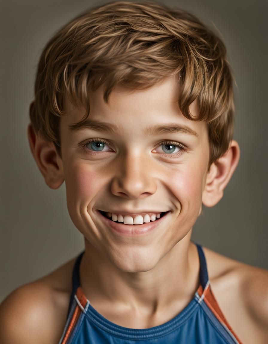 full-length portrait of happy ten-year-old boy with light brown hair ...