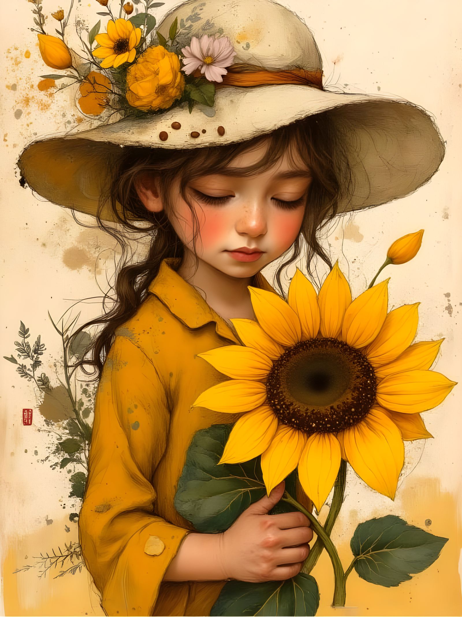 Young Girl Holding a Sunflower in Linework Style