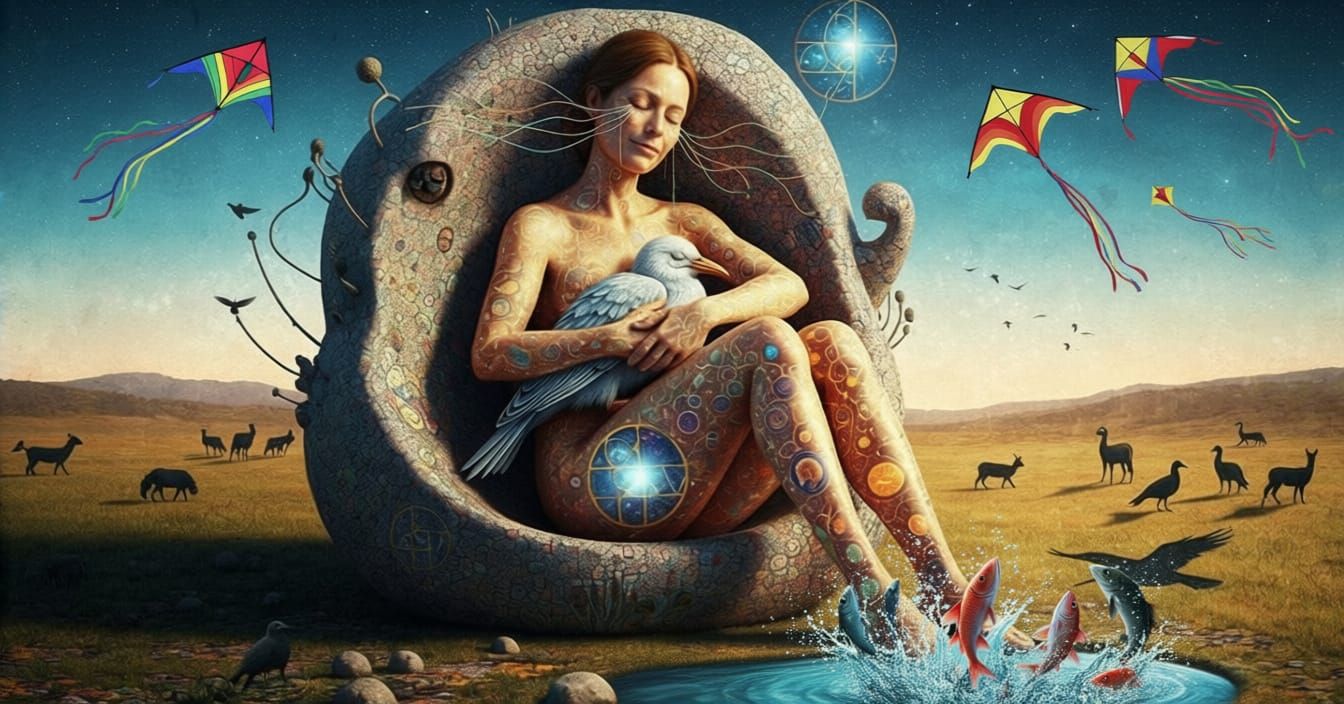  An adult female sculptor with parched earth skin, born in the early 1970s, sits in contentment inside a massive, abstract sculpture she cre...