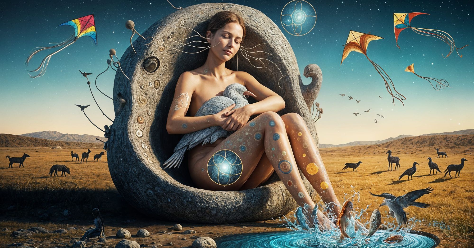  An adult female sculptor with parched earth skin, born in the early 1970s, sits in contentment inside a massive, abstract sculpture she cre...