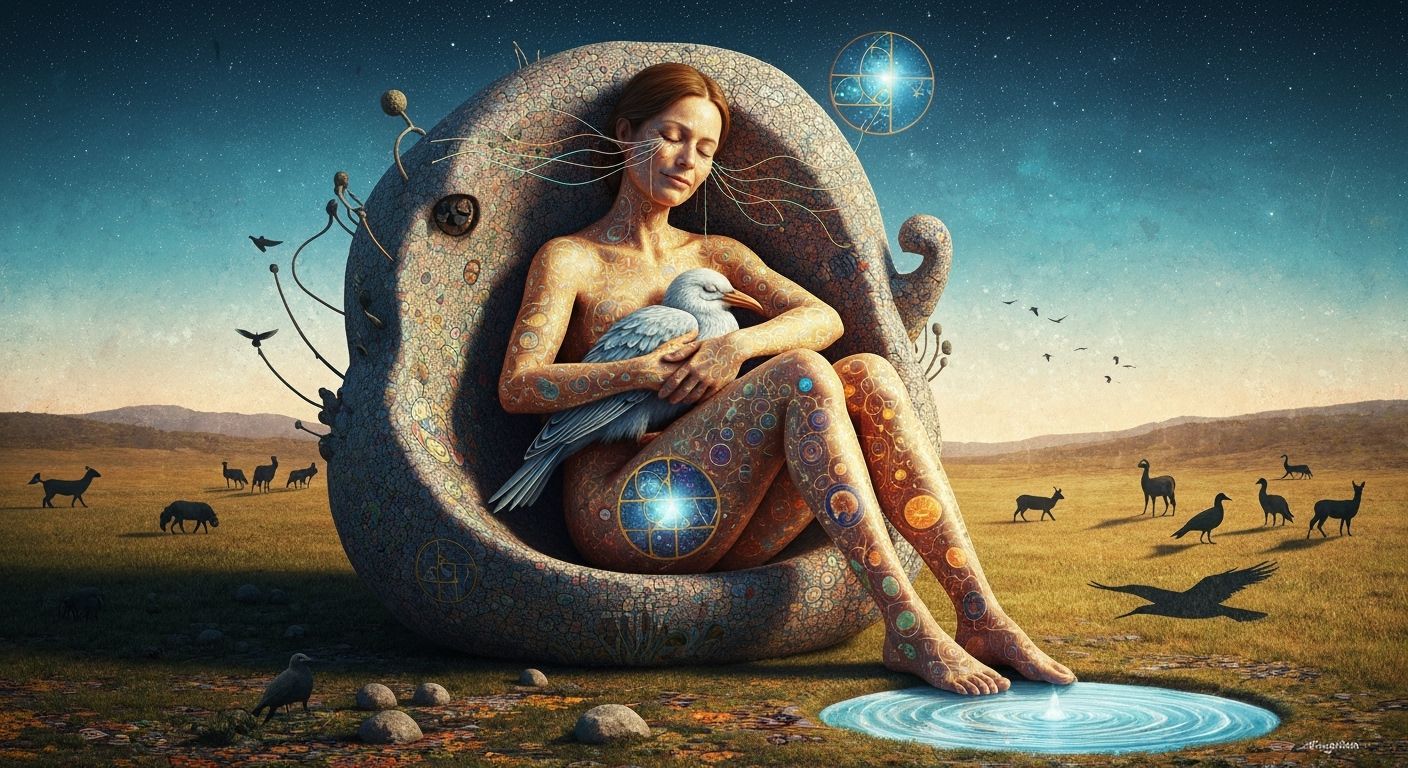  An adult female sculptor with parched earth skin, born in the early 1970s, sits in contentment inside a massive, abstract sculpture she cre...