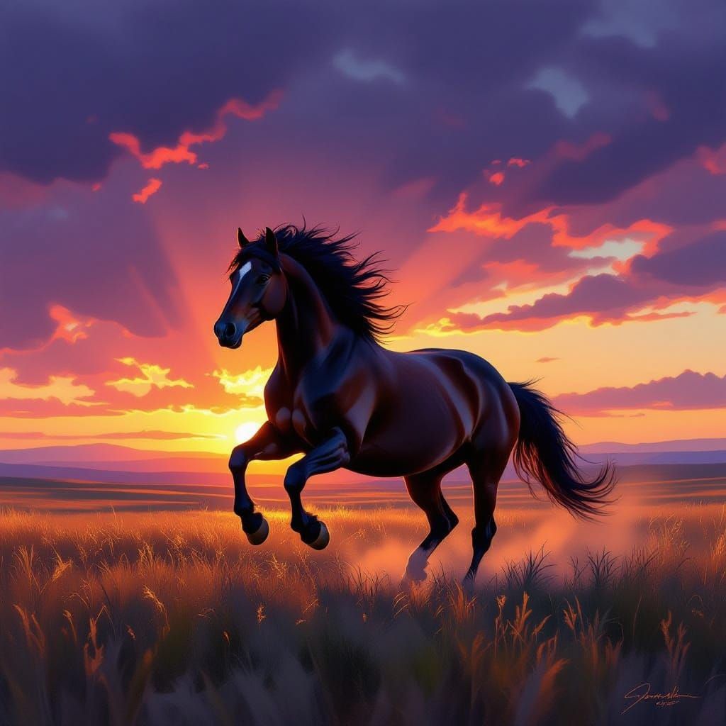 Wild Horse Bucking in Sunrise Meadow Oil Painting