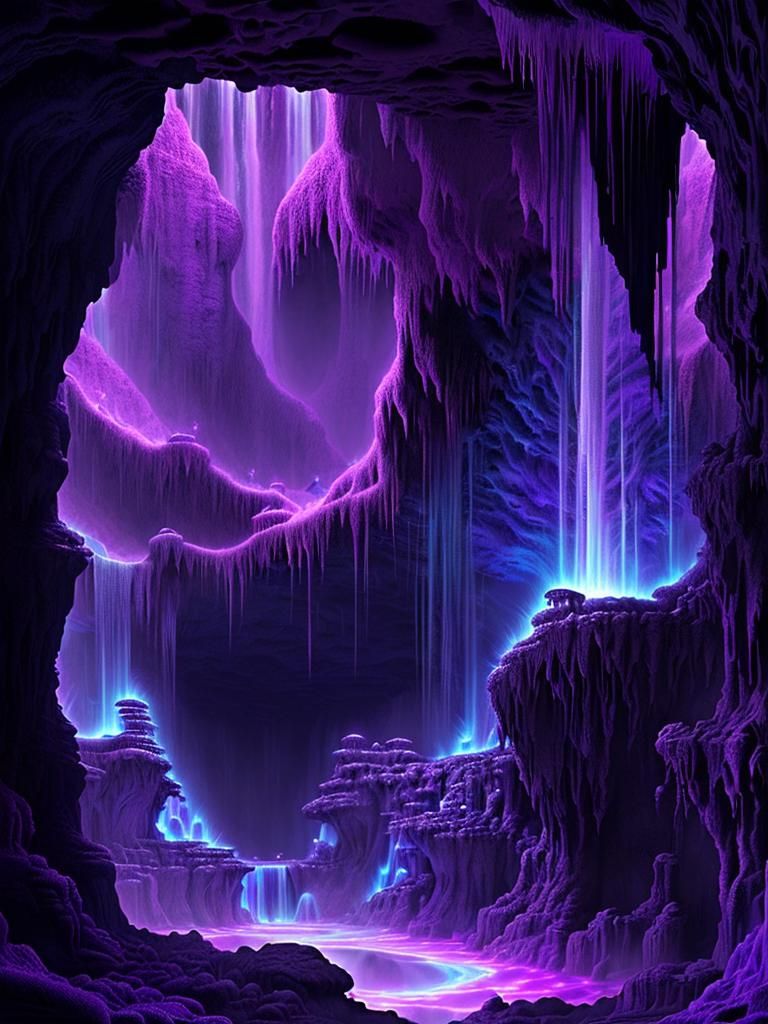 underground cave  various levels with a waterfall formed into rock formations with a purple glowing hue ...  by @purplefrenzy