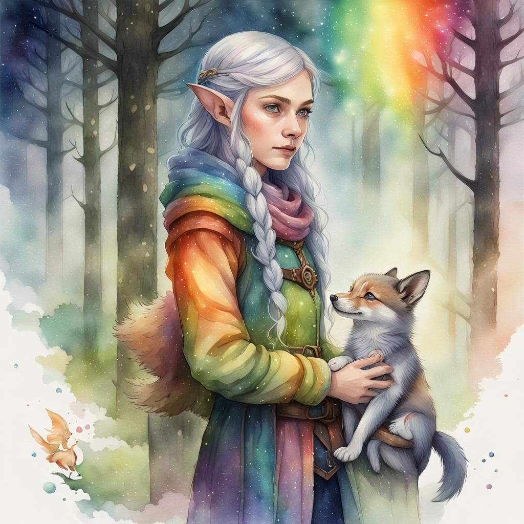 An elf with her puppy
