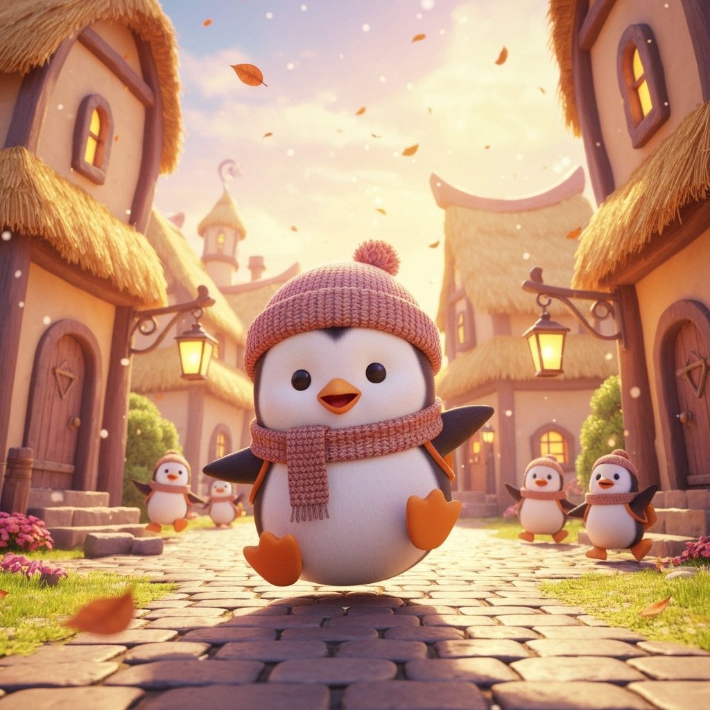 Penguin in Fairytale Village: 3D Cartoon Art