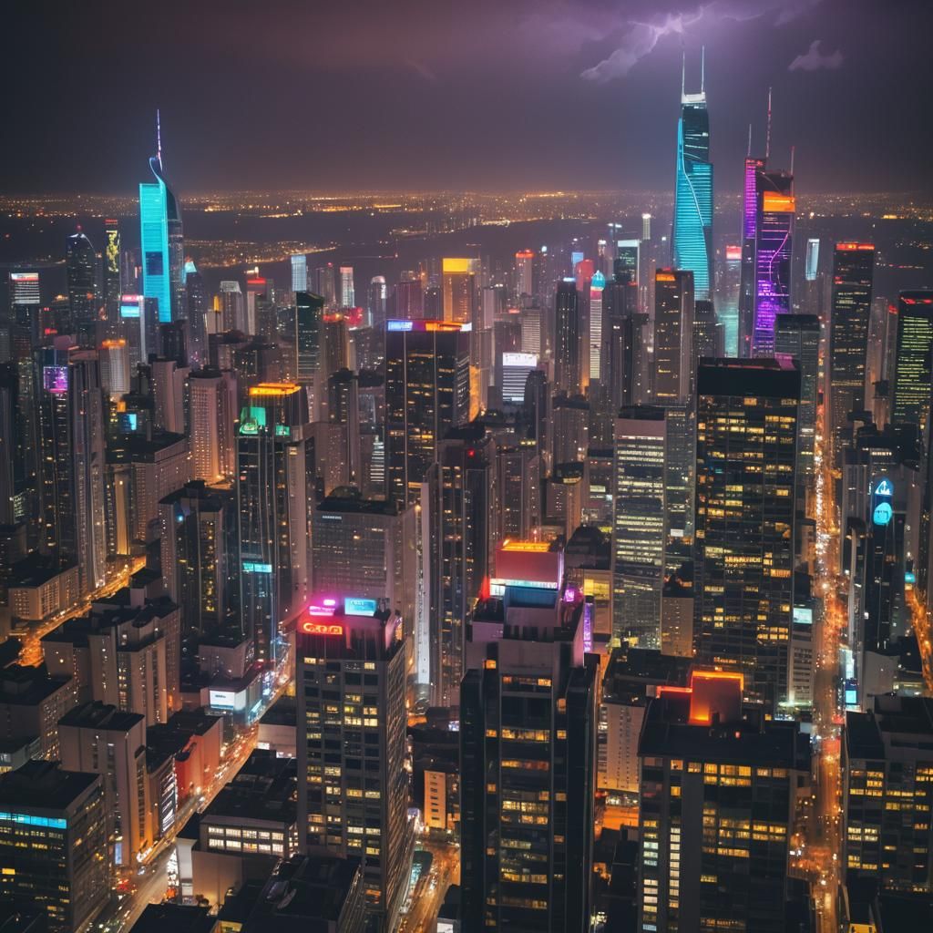 multi colored bright neon skyscraper buildings stormy sky an...