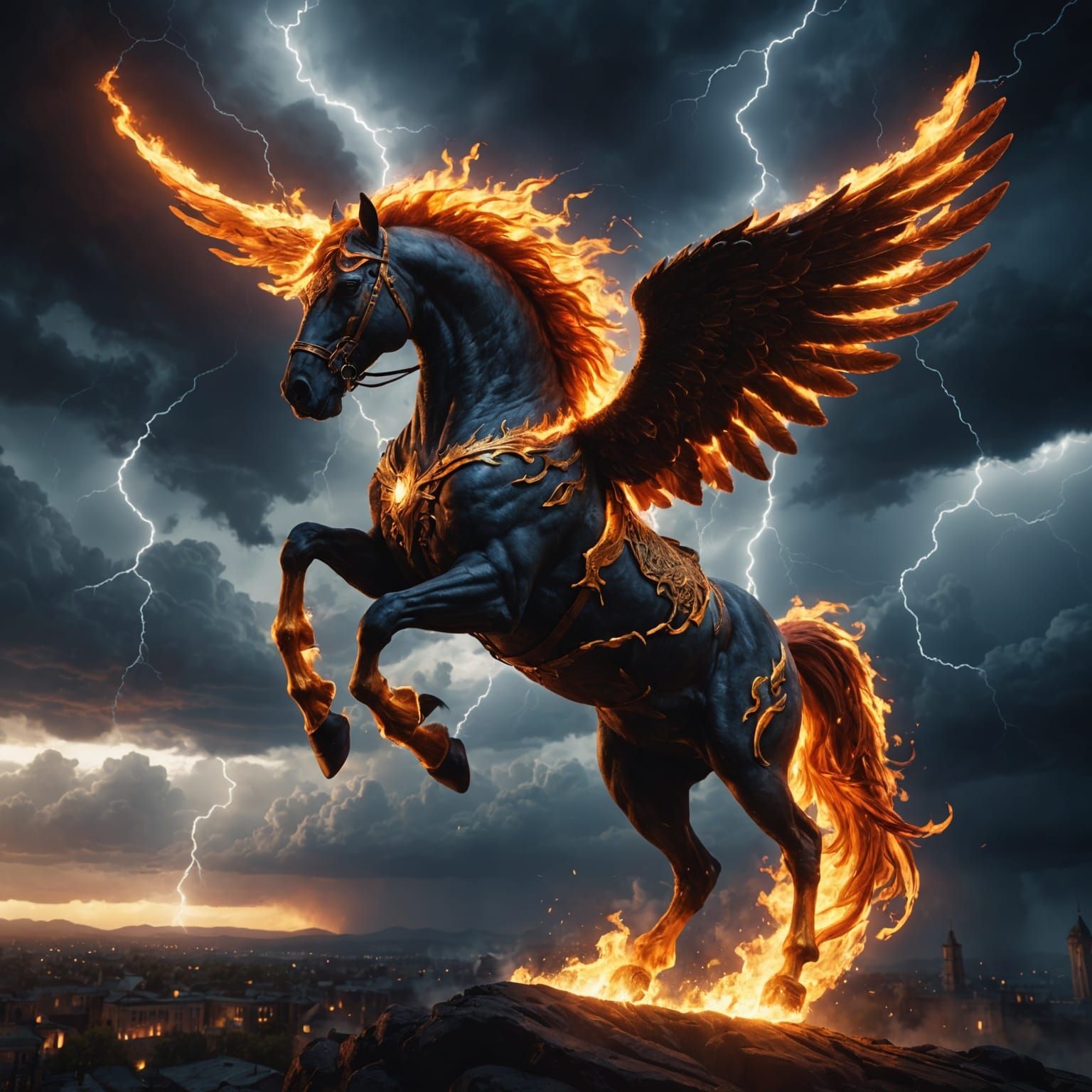 Firey Pegasus flying through the sky on stormy night with lightning storm.   by @Kelly