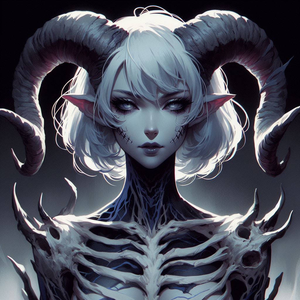 upper body portrait of a female with goat horns