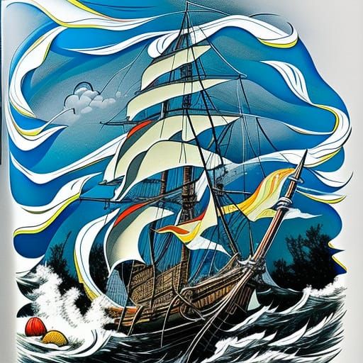 Sailing ship sails with stormy seas