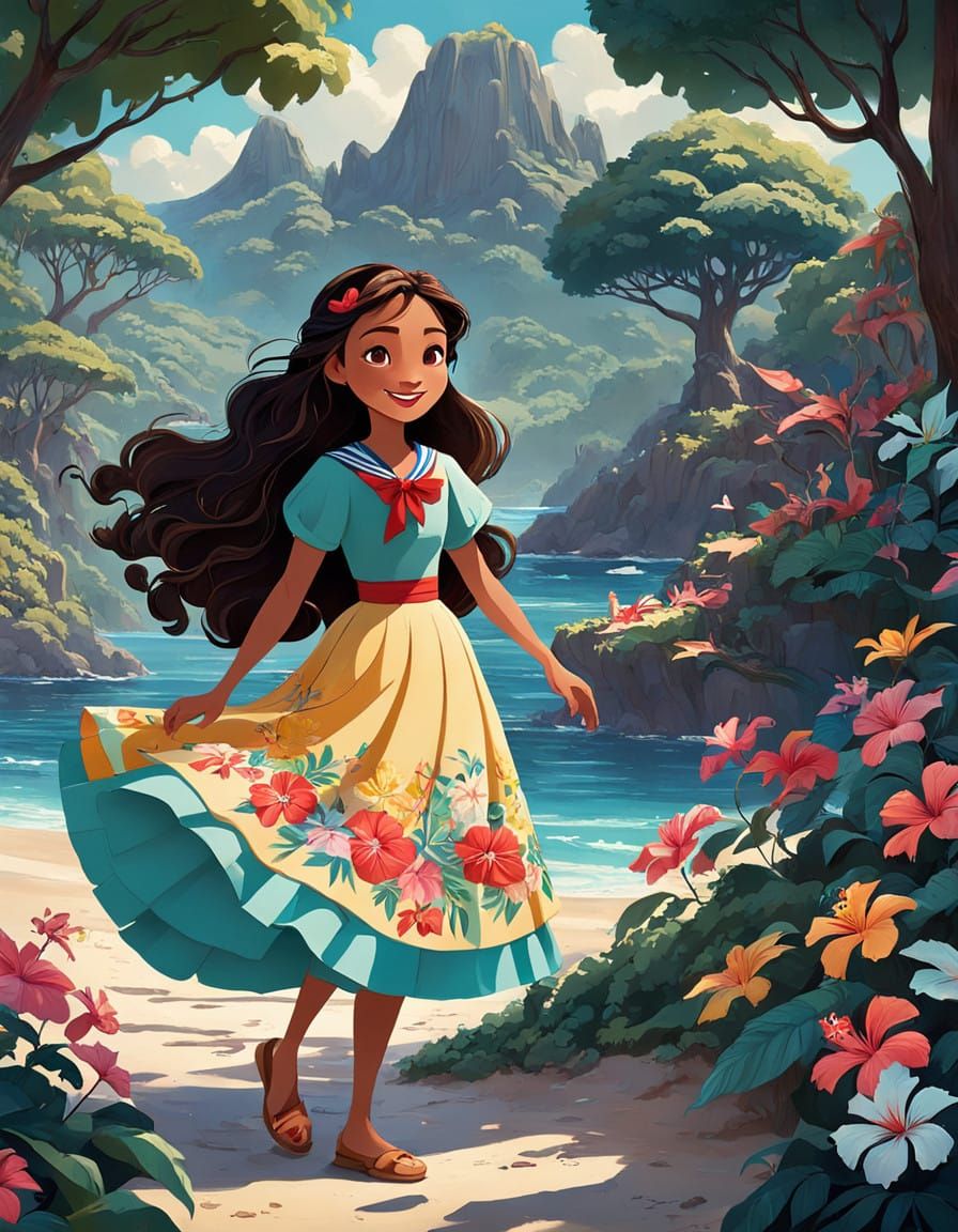 Disney Whimsy: A Happy Girl Meets Moana in Enchant... - AI Art