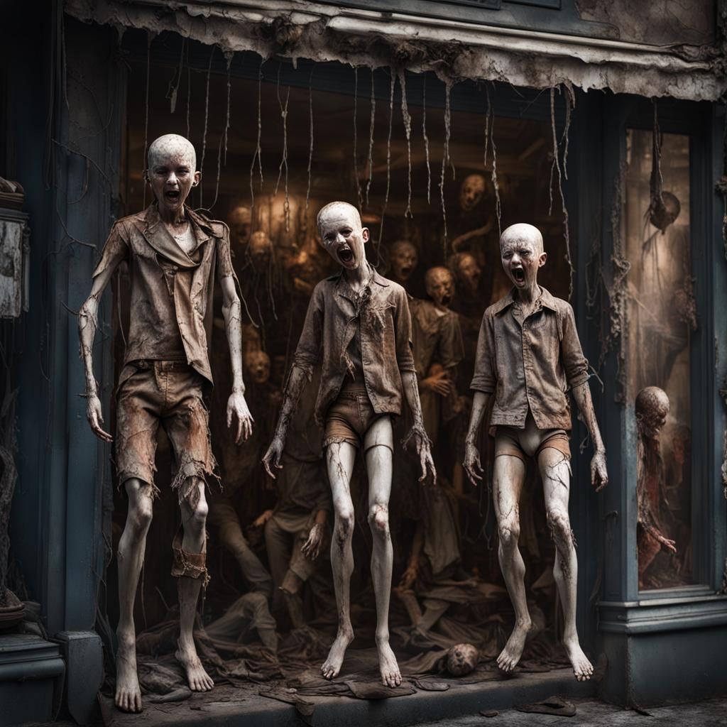 rotting cracked and peeling mannequins of screaming children with tattered clothes hanging in a filthy shop window