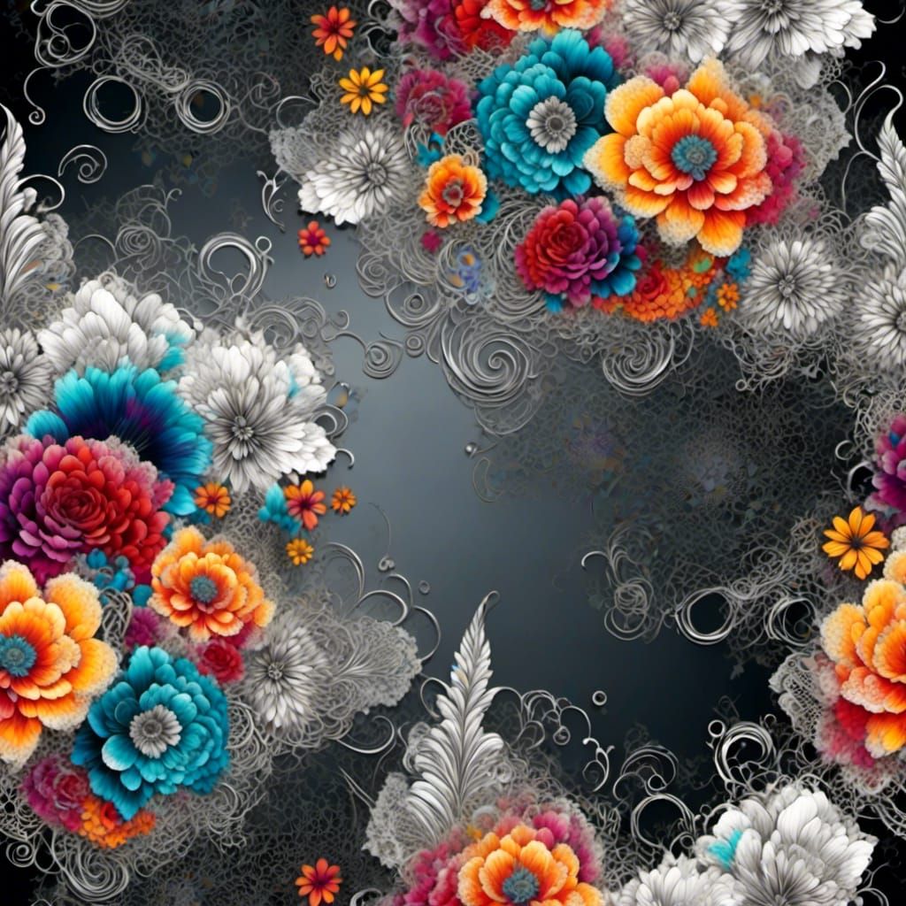 <lora:Soft Intensity:1.0> black background, composition of flowers, hazy, huge transparent rainbow and lace flowers, vivid rainbow colors, w...