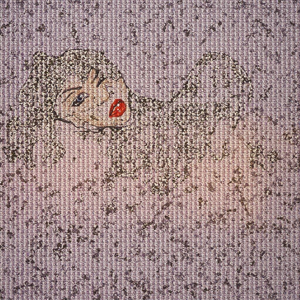 An abstract composition featuring interlocking geometric shapes and vibrant, Op art-inspired patterns that create a dizzying optical illusio...