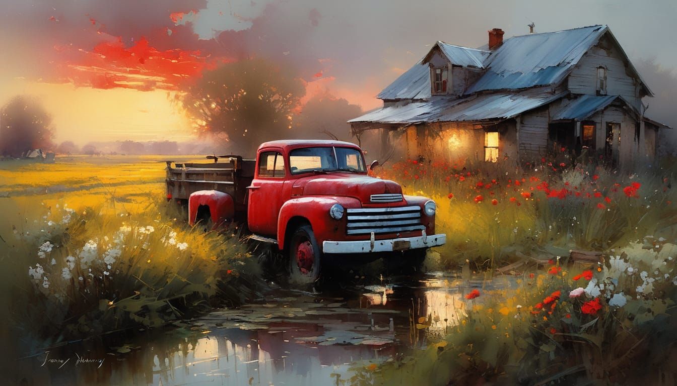 Beautiful  spring countryside. Big old house, red old truck, stream, lots of flowers, beautiful sunrise  by @Christine
