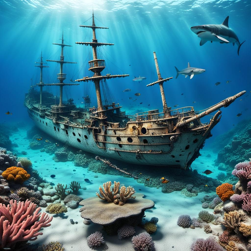 Large Sailing ship wrecked on the seafloor underwater near a beautiful coral reef, a shark swims near ...  by @Art3mi5