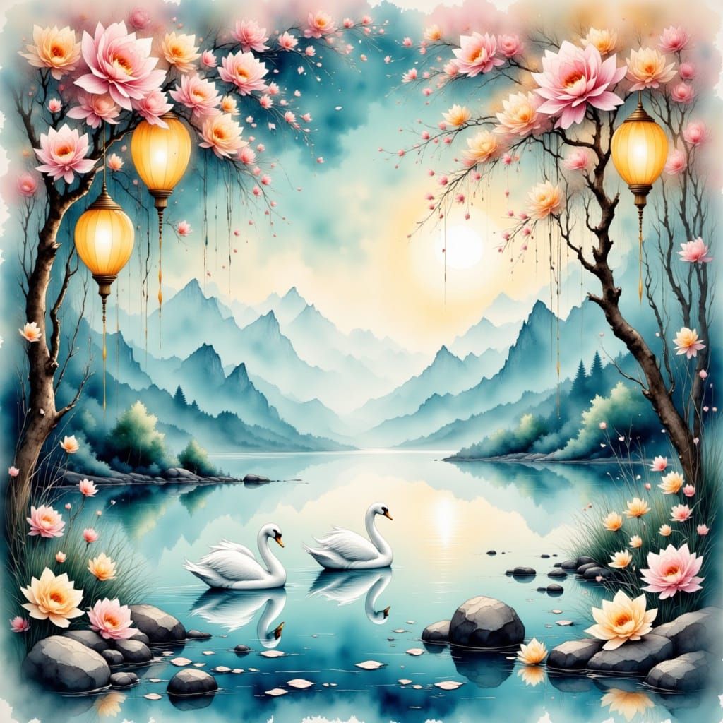 Elegant Swans on Clear River with Spring Flowers