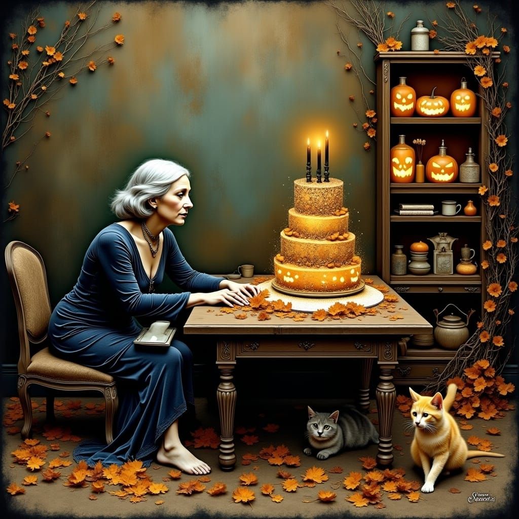 <lora:Collaged:1.0> A forlorn middle-aged witch, surrounded ...