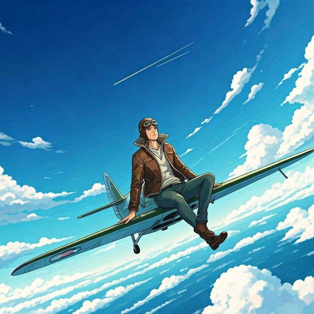 Anime-Inspired Man on Airplane Soaring Through Sky